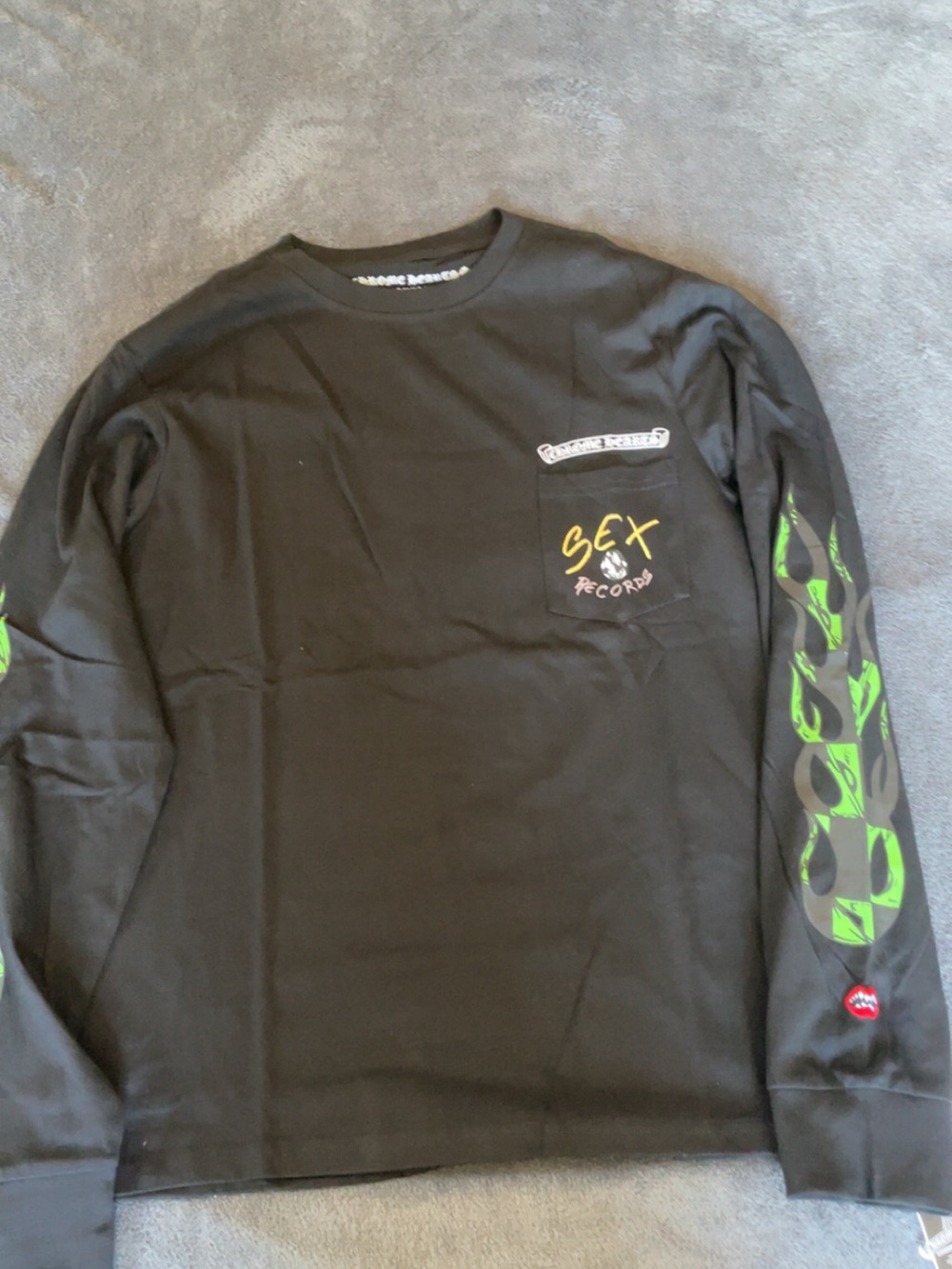 Black Long-Sleeve Graphic Pocket Tee with Green Flame Sleeves